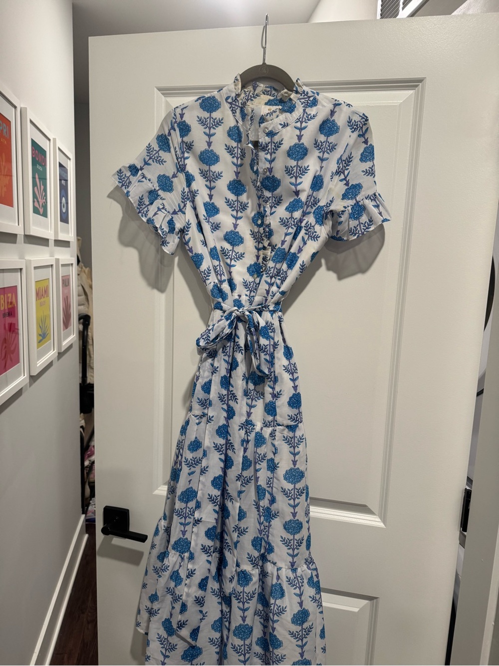 J. MarieWhite and Blue Floral Tie-Waist Maxi Dress